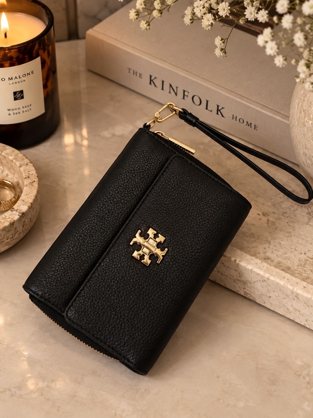 Tory Burch Black Pebbled Leather Wristlet Wallet with Gold Logo